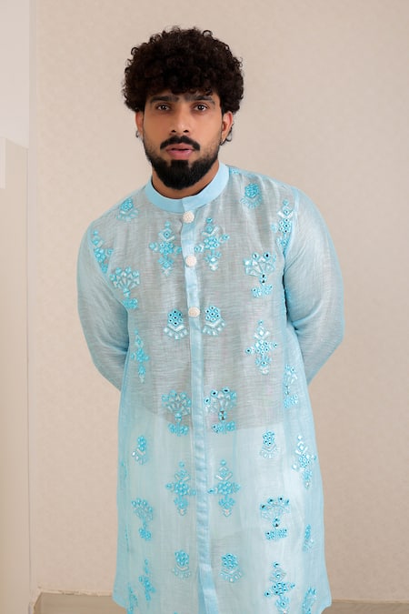 Menero_Blue Chanderi Silk, Cotton Embroidery, Mirrors Leather Embossed Motif Kurta Set _Online_at_Aza_Fashions