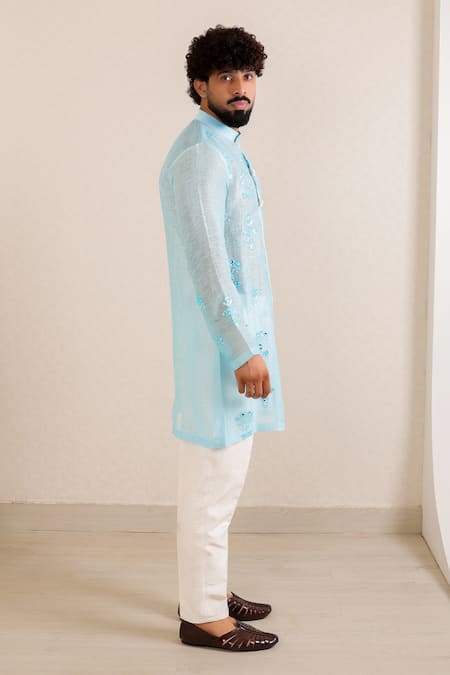 Menero_Blue Chanderi Silk, Cotton Embroidery, Mirrors Leather Embossed Motif Kurta Set _at_Aza_Fashions
