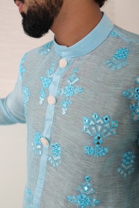 Buy_Menero_Blue Chanderi Silk, Cotton Embroidery, Mirrors Leather Embossed Motif Kurta Set 