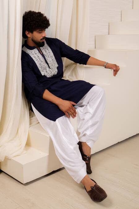 Shop_Menero_Blue Dupion, Silk, Cotton, Rayon Zari, Embroidery Zardozi Kurta Set _Online_at_Aza_Fashions