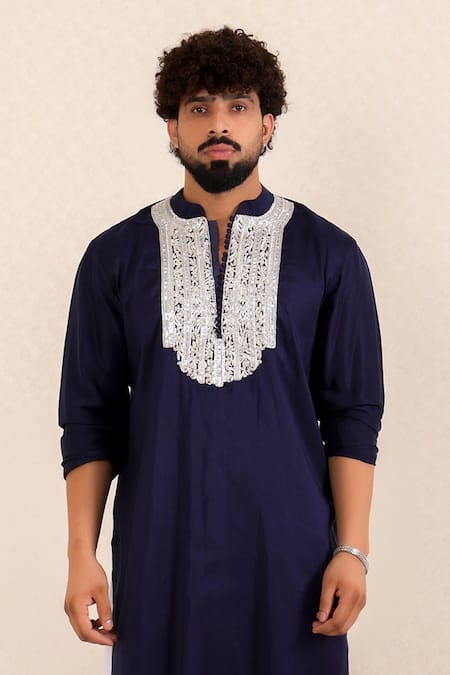 Menero_Blue Dupion, Silk, Cotton, Rayon Zari, Embroidery Zardozi Kurta Set _at_Aza_Fashions