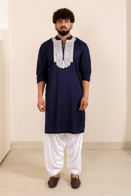 Buy_Menero_Blue Dupion, Silk, Cotton, Rayon Zari, Embroidery Zardozi Kurta Set 