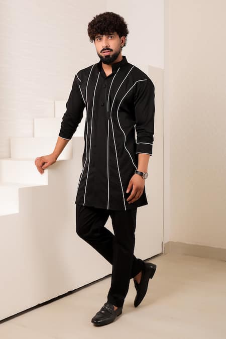 Shop_Menero_Black Crepe Piping Detail Straight Kurta And Pant Set _Online_at_Aza_Fashions