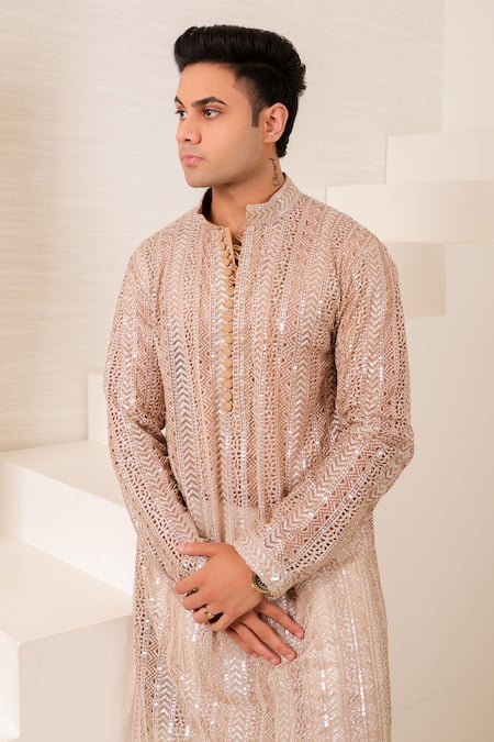 Buy_Menero_Cream Silk, Cotton Sequins, Cut Work Embroidered Kurta And Pant Set _Online_at_Aza_Fashions