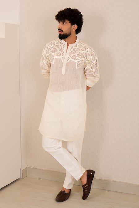 Buy_Menero_Off White Chanderi Silk, Cotton Embroidery Web Designed Kurta And Pant Set _Online_at_Aza_Fashions