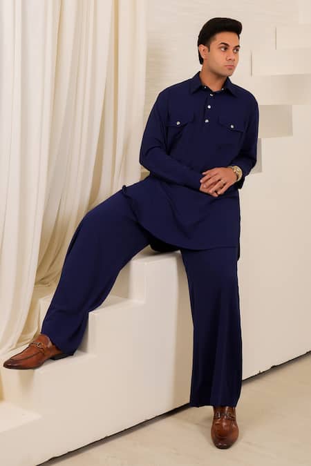 Buy_Menero_Navy Georgette Self Short Kurta And Wide Straight Pant Set _Online_at_Aza_Fashions