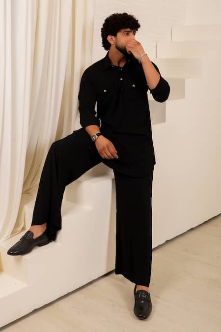 Shop_Menero_Black Georgette Self Short Kurta And Wide Pants _Online_at_Aza_Fashions
