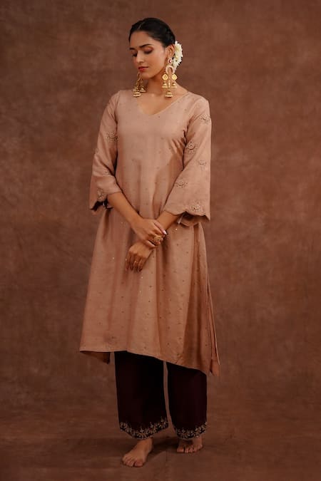 World of Sugandh_Beige Dupion Embroidery, Sequins V-neck Mrigja Chand Kurta With Pant _Online_at_Aza_Fashions