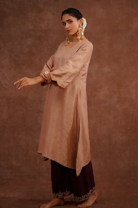 Buy_World of Sugandh_Beige Dupion Embroidery, Sequins V-neck Mrigja Chand Kurta With Pant _Online_at_Aza_Fashions