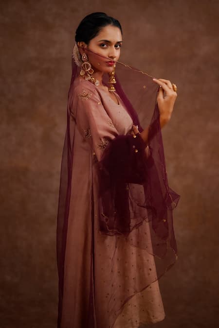 Shop_World of Sugandh_Beige Dupion Embroidery, Sequins V-neck Mrigja Chand Kurta With Pant _Online_at_Aza_Fashions