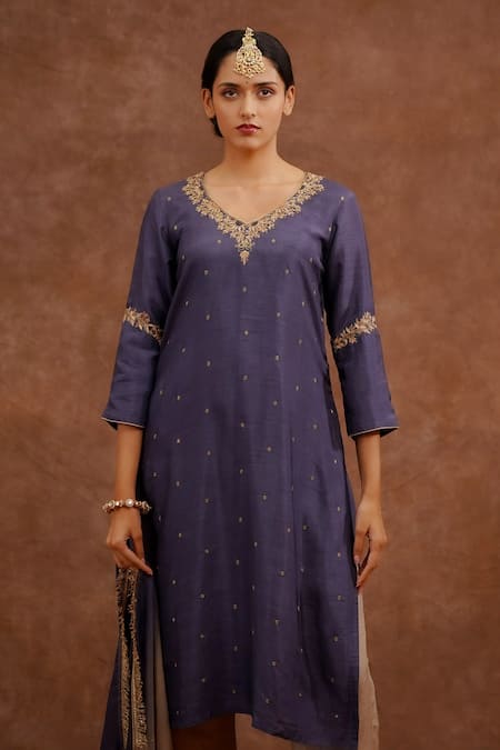 World of Sugandh_Blue Dupion, Silk Embroidery, Fringe V-neck Neer Hand Kurta Set _Online_at_Aza_Fashions