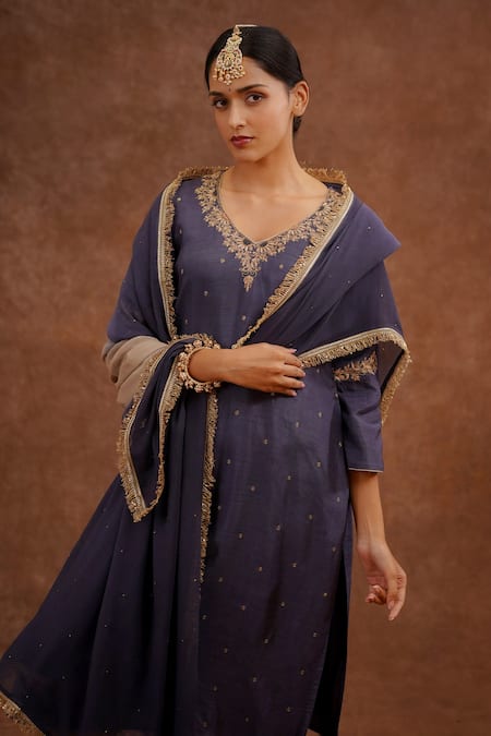 Buy_World of Sugandh_Blue Dupion, Silk Embroidery, Fringe V-neck Neer Hand Kurta Set _Online_at_Aza_Fashions