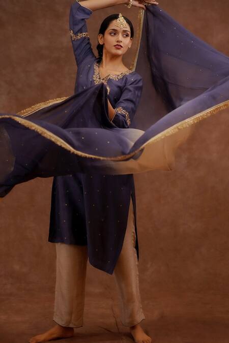 Shop_World of Sugandh_Blue Dupion, Silk Embroidery, Fringe V-neck Neer Hand Kurta Set _Online_at_Aza_Fashions