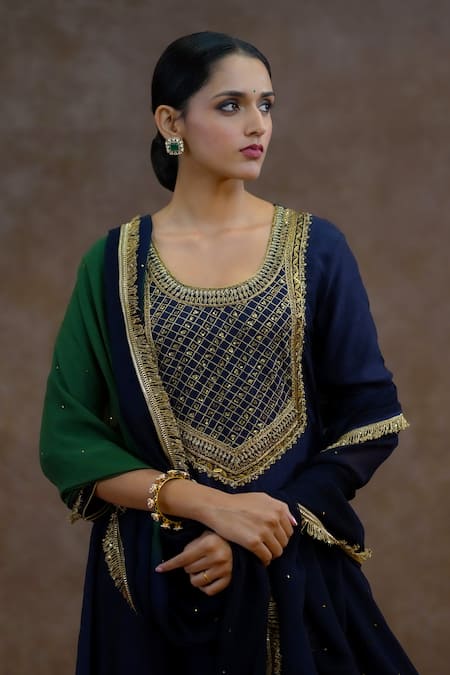 Shop_World of Sugandh_Navy Dupion, Silk, Chiffon Embroidery, Sequins Round Neelara Hand Kurta Set _Online_at_Aza_Fashions