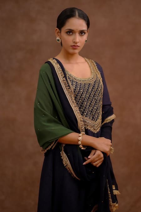 World of Sugandh_Navy Dupion, Silk, Chiffon Embroidery, Sequins Round Neelara Hand Kurta Set _at_Aza_Fashions