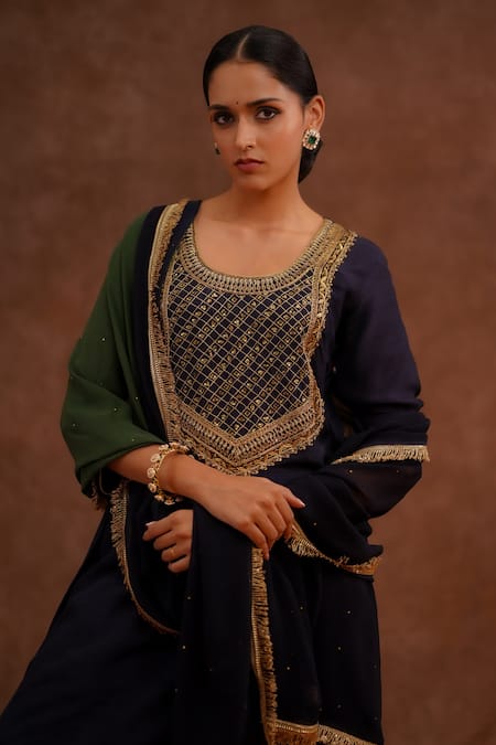 Buy_World of Sugandh_Navy Dupion, Silk, Chiffon Embroidery, Sequins Round Neelara Hand Kurta Set 