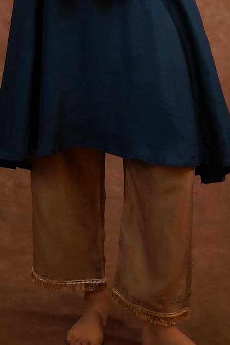 World of Sugandh_Blue Dupion, Silk Embroidery, Piping V-neck Neelkanthi Hand Kurta With Pant _Online_at_Aza_Fashions