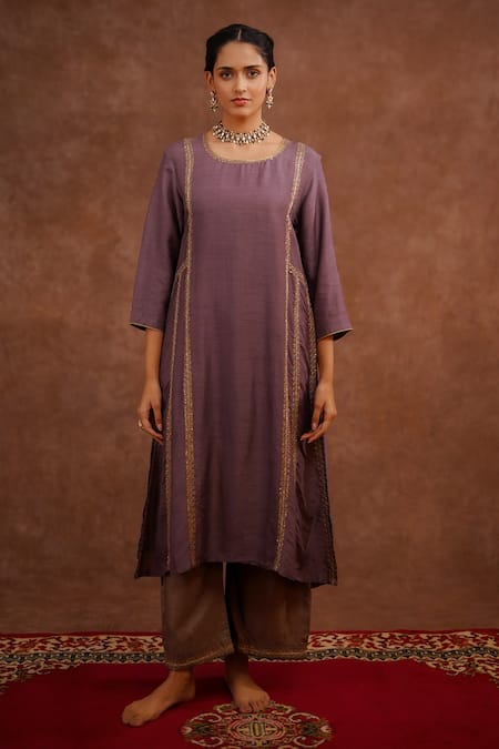 World of Sugandh_Purple Dupion Embroidery, Piping, Metallic Thread Hand Silk Kurta And Pant Set _Online_at_Aza_Fashions