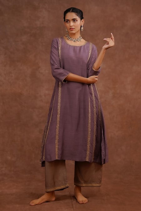 Buy_World of Sugandh_Purple Dupion Embroidery, Piping, Metallic Thread Hand Silk Kurta And Pant Set _Online_at_Aza_Fashions