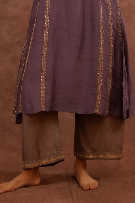 World of Sugandh_Purple Dupion Embroidery, Piping, Metallic Thread Hand Silk Kurta And Pant Set _at_Aza_Fashions