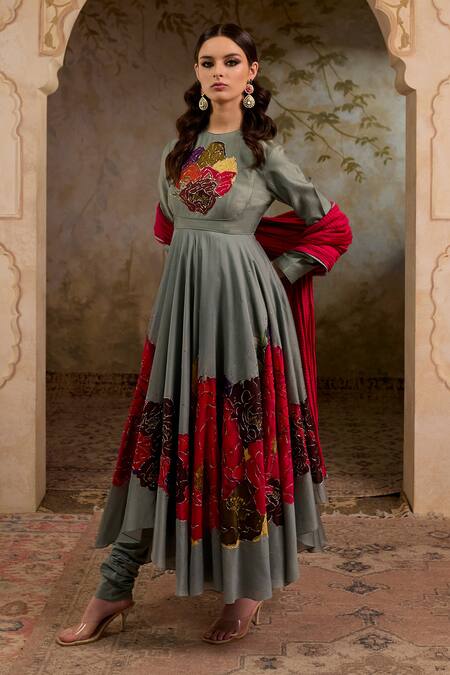 Buy_RICHA AHLUWALIA_Turquoise Chanderi , Cotton, Printed Anarkali With Dupatta And Churidar 
