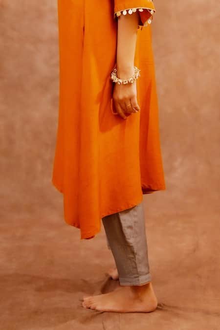 Buy_World of Sugandh_Orange Dupion, Silk Embroidery, Tassels V-neck Surkhiya Hand Kurta With Pant _Online_at_Aza_Fashions