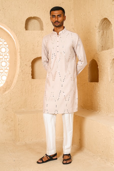 Chatenya Mittal_Beige Silk Mirrors, Embroidery Work Kurta And Pant Set _Online_at_Aza_Fashions
