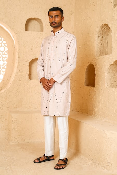 Buy_Chatenya Mittal_Beige Silk Mirrors, Embroidery Work Kurta And Pant Set _Online_at_Aza_Fashions