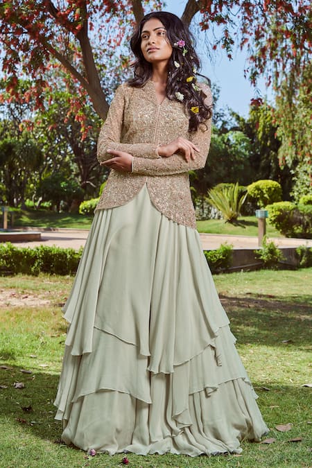 Sana Barreja Green Net, Chiffon Embroidered Jacket Lehenga Set 