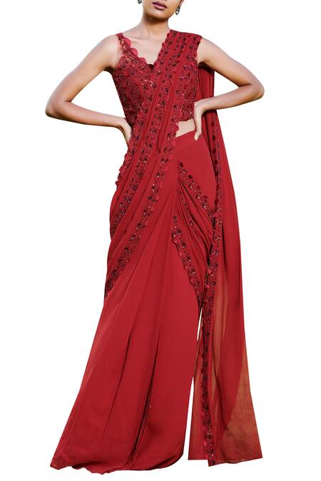 Buy_Sana Barreja_Maroon Net, Georgette V Neck Pre-draped Embroidered Saree Set _Online_at_Aza_Fashions