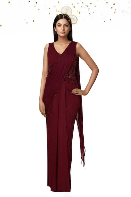 Arpan Vohra Wine Georgette V Neck Embellished Pre-draped Saree