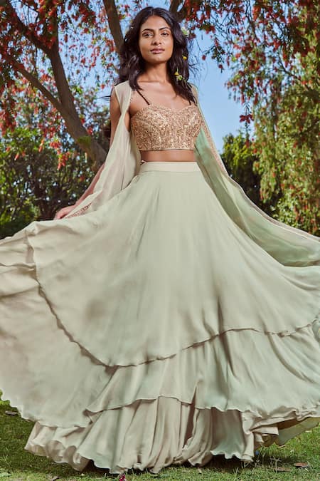 Sana Barreja Green Net, Chiffon Sweetheart Neck Jacket Lehenga Set 