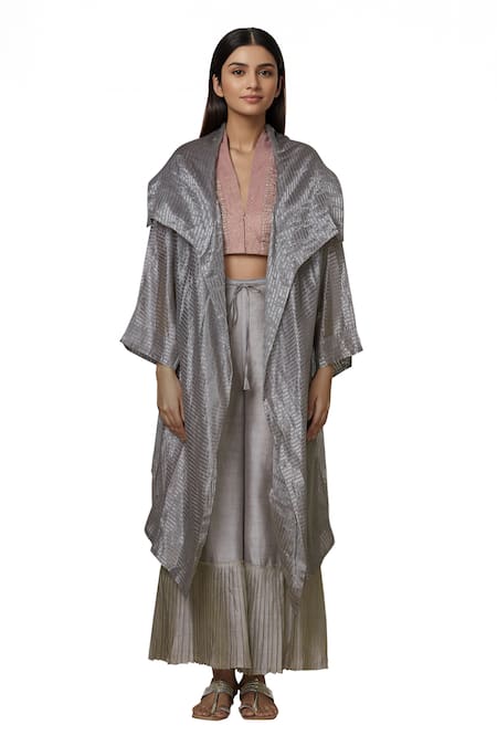 Urvashi Kaur Silver Tissue, Silk Zari Shawl Neck Striped Jacket