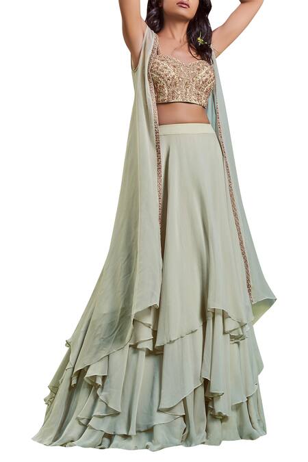 Buy Sana Barreja Green Net, Chiffon Sweetheart Neck Jacket Lehenga Set Online at Aza Fashions Buy_Sana Barreja_Green Net, Chiffon Sweetheart Neck Jacket Lehenga Set _Online_at_Aza_Fashions