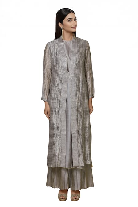 Urvashi Kaur Silver Tissue, Silk Zari Open Neck Striped Longline Jacket 