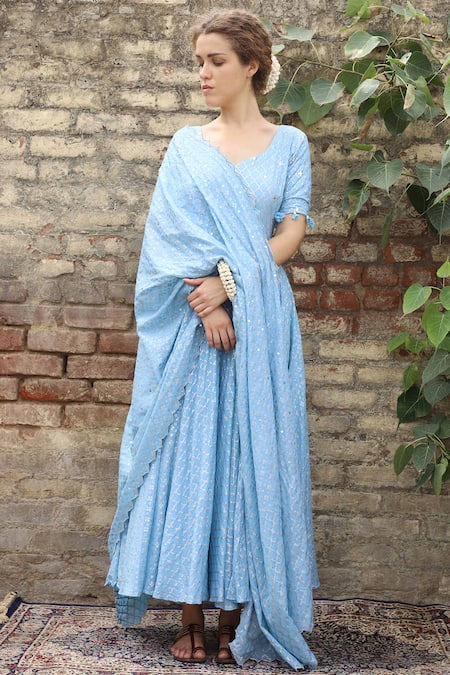 Seema Nanda Blue Lycra, Pentagon Printed Anarkali Set