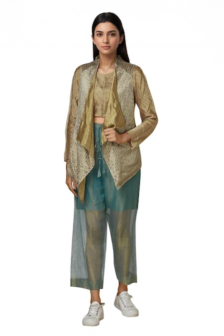 Urvashi Kaur Gold Tissue, Silk Open Neck Woven Striped Reversible Handkerchief Jacket 