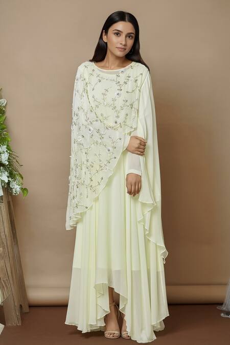 Aariyana Couture Yellow Georgette Embroidery Round Neck Embellished Dress