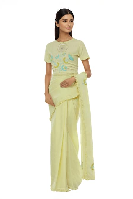 Shagun Manchanda Yellow Linen Round Embroidered Blouse 