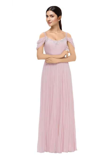 Pooja Peshoria Pink Georgette Round Embellished Cold Shoulder Gown