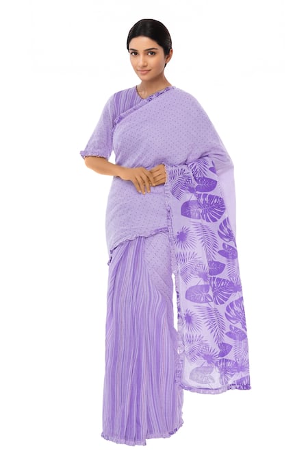 Shagun Manchanda Purple Linen Block Print Saree 