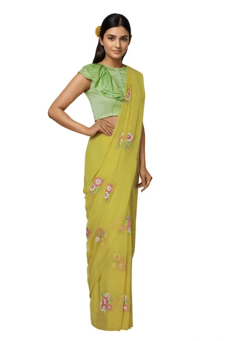 Aharin India Yellow Georgette Round Embroidered Saree Set