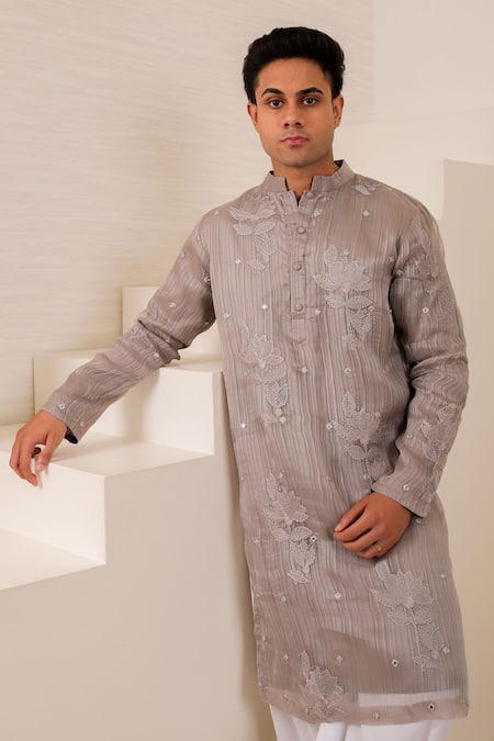 Menero_Gray Chanderi Silk, Cotton, Rayon Embroidery, Mirrors Self Stripe Kurta Set _Online_at_Aza_Fashions