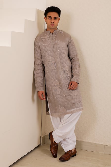 Shop_Menero_Gray Chanderi Silk, Cotton, Rayon Embroidery, Mirrors Self Stripe Kurta Set _Online_at_Aza_Fashions