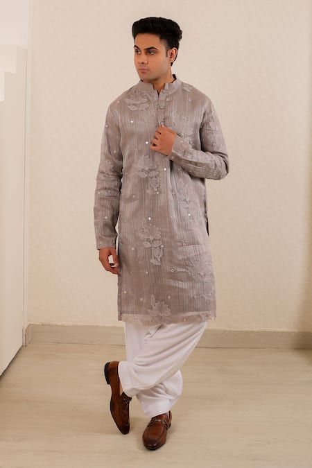Menero Chanderi Silk Self Stripe Embroidered Kurta Set 