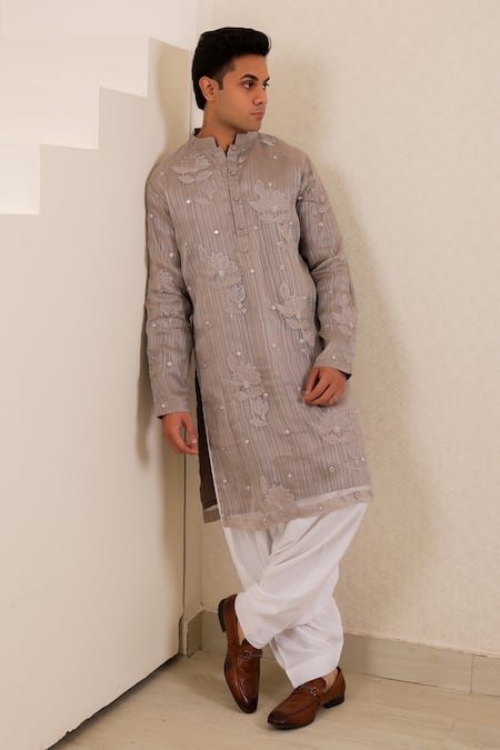 Menero_Gray Chanderi Silk, Cotton, Rayon Embroidery, Mirrors Self Stripe Kurta Set _at_Aza_Fashions