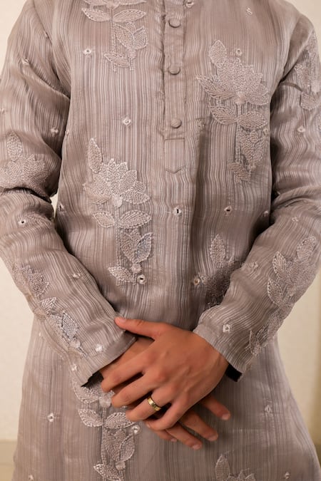 Buy_Menero_Gray Chanderi Silk, Cotton, Rayon Embroidery, Mirrors Self Stripe Kurta Set 