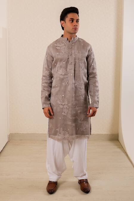Shop_Menero_Gray Chanderi Silk, Cotton, Rayon Embroidery, Mirrors Self Stripe Kurta Set 
