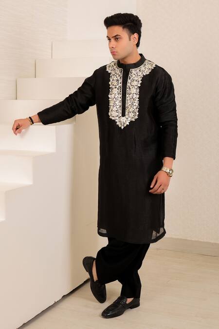 Menero_Black Chanderi Silk, Cotton, Rayon Gota Patti, Kurta And Pathani Salwar Set _Online_at_Aza_Fashions