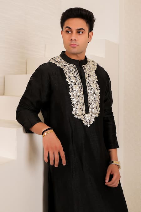 Buy_Menero_Black Chanderi Silk, Cotton, Rayon Gota Patti, Kurta And Pathani Salwar Set _Online_at_Aza_Fashions